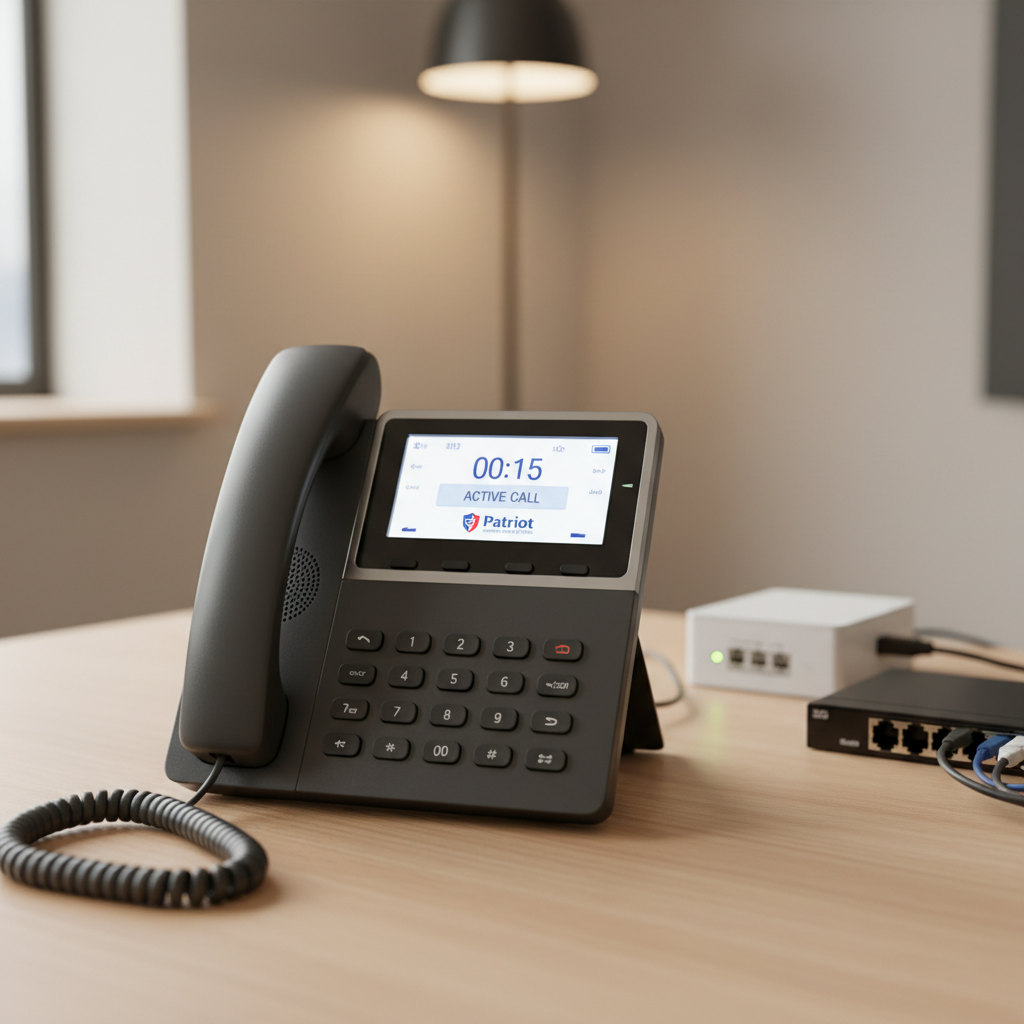 A close-up of a compact, high-quality VoIP desk phone in matte charcoal plastic with a subtle texture, its digital display showing crystal-clear call status and a small Patriot Internet and Voice logo. The handset rests neatly in its cradle, connected by a coiled cord that curves gracefully across a light oak desktop. Behind it, an unobtrusive fiber modem and a simple network switch sit against a soft-focus backdrop of a neutral-toned office wall. Warm, indirect overhead lighting and gentle window light combine to create a calm, professional mood. Photographic realism, shot from a slightly elevated angle, with a shallow depth of field to emphasize the phone as the centerpiece of dependable, low-cost voice service.