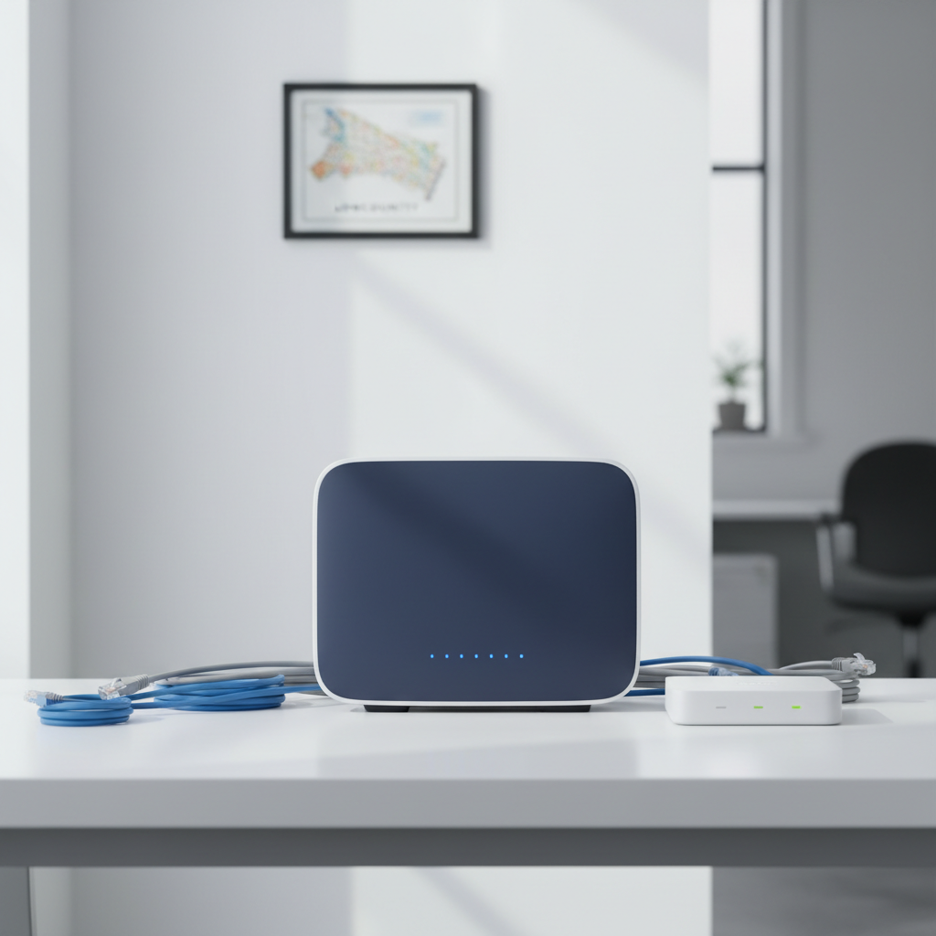 A sleek, modern wireless router in matte navy and white, with subtle LED indicators glowing soft blue along its front edge, stands centered on a clean white desk. Around it, neatly arranged Ethernet cables, a compact VoIP gateway box, and a small Lowcountry map print on the wall hint at regional connectivity. Cool, diffused daylight enters from an unseen window, creating gentle reflections on the router’s smooth surface and a faint shadow behind. Photographic realism with a professional, corporate aesthetic, shot at eye level with a shallow depth of field that blurs the background, conveying reliability, high-tech performance, and organized, low-cost internet and voice solutions.
