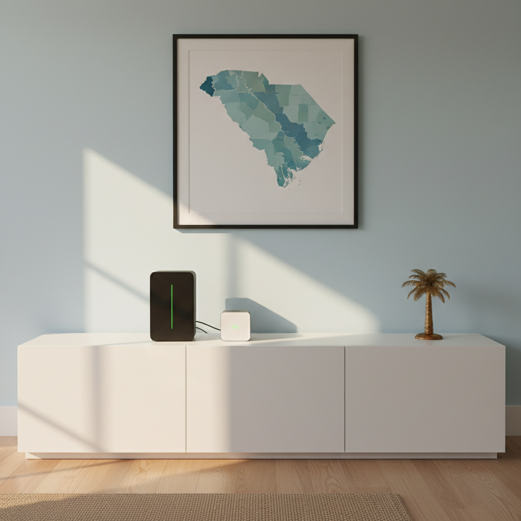 A simple, modern Lowcountry home interior with a white media console against a pale blue wall, supporting a sleek black Wi-Fi 6 router and a compact VoIP adapter, both with subtle status lights glowing green. A decorative framed map of the South Carolina coast and a small palmetto figurine add regional character. Soft afternoon sunlight filters through an unseen window, casting gentle, elongated shadows and a warm glow across the console’s satin finish. Photographic realism with a clean, welcoming aesthetic, framed using the rule of thirds at eye level. The mood is reassuring and family-friendly, suggesting reliable, affordable internet and voice service for local households using every available carrier.