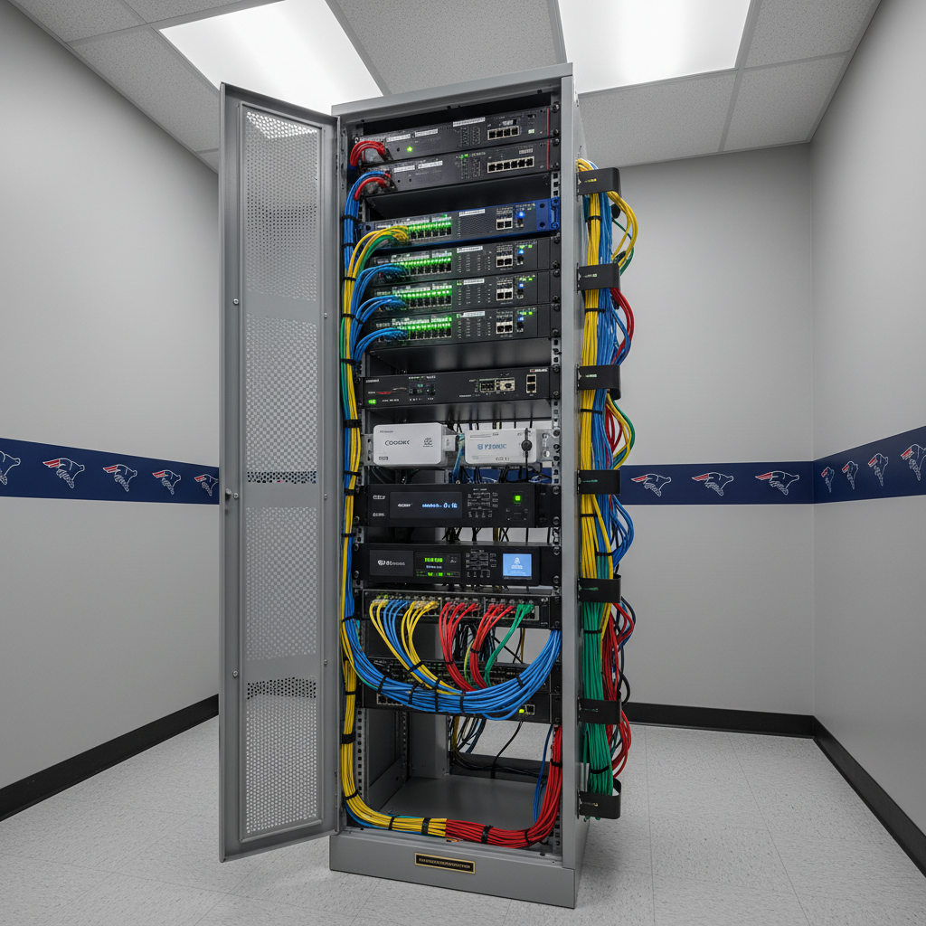 A polished network rack in a tidy small-business server room, filled with neatly labeled switches, modems from multiple carriers, and a dedicated VoIP appliance with crisp status lights in green and blue. Color-coded cables are meticulously bundled, running smoothly along cable management bars. The environment is spotlessly clean, with light gray walls and a subtle Patriot-style navy accent stripe. Overhead LED panel lighting provides even, soft illumination, creating minimal shadows and clear visibility of equipment details. Captured in photographic realism from a slightly low, three-quarter angle, the composition uses leading lines of cables to convey robust, affordable connectivity for Lowcountry businesses leveraging all available carriers.